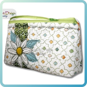 ITH 7x12 inch Quilt Zipper Bag Daisy Applique 18x30 cm Cosmetic Bag Stipple Stitch Digitital Download In the Hoop Machine Embroidery Design