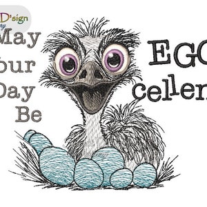 May include: A cartoon ostrich with big eyes and a wide open beak sits on a nest of blue eggs. The text "May Your Day Be EGGcellent" is written in black.