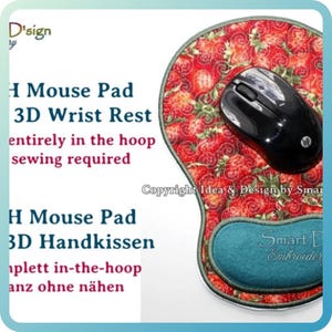 Primera alfombrilla de ratón ITH del mundo con cojín reposamuñecas 3D / 17,8 x 30,5 cm / Fabricada íntegramente con ITH / Diseño de bordado a máquina In The Hoop Smart D'sign