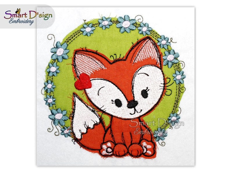 Fox Baby Shower Motif, cute gift Great for Bags & Towels Raw Edge Doodle Applique 5x5 inch Machine Embroidery Design by Smart D'sign image 7
