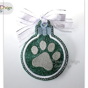 Paw Print Christmas Bauble Ornament ITH Machine Embroidery Design 4x4 inch 10x10 cm Tree Decoration, Gift Tag, In The Hoop Smart D&#39;sign Xmas