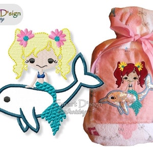 Mermaid with Dolphin Applique 4.75 x 4.75 inch Machine Embroidery Design, Filled Stitch, Smart D'sign, Children Baby Shower Motif Fairy Tale