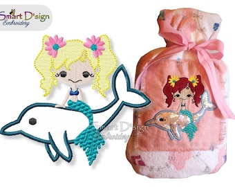 Mermaid with Dolphin Applique 4.75 x 4.75 inch Machine Embroidery Design, Filled Stitch, Smart D'sign, Children Baby Shower Motif Fairy Tale