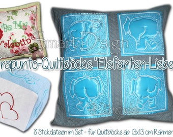 Trapunto 3D 8x Quilt Block Designs 5x5" Elephant Love Embroidery Machine File to decorate your Patchwork Projects