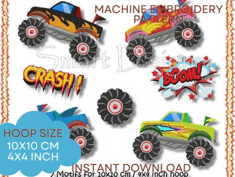 10x10 cm 4x4 inch hoop Machine Embroidery Design Set MONSTER TRUCKS 7 Motifs Set Boys Cars Smart D'sign Instant Download File image 1