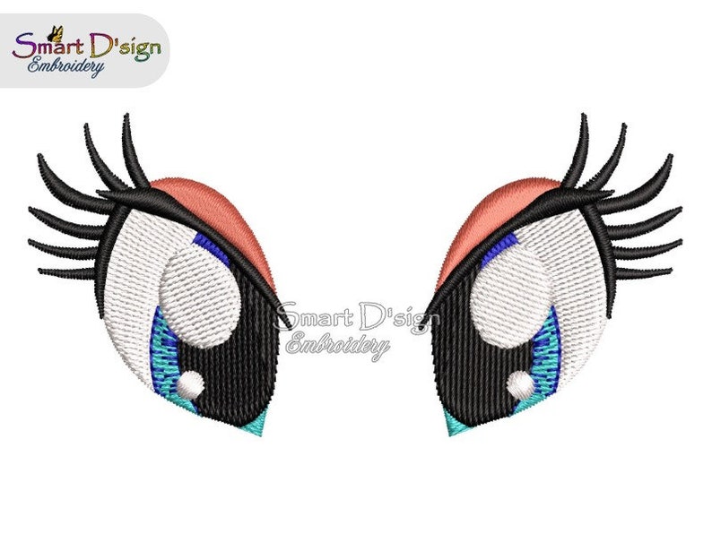 May include: Embroidered design of two cartoon eyes with long eyelashes, blue and turquoise irises, and black pupils. The eyes are set against a white background.
