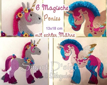 6 Magische Ponies mit echter Mähne 13x18 cm Pegasus Einhorn Einhörner Unicorn Stickdatei Maschinenstickdatei Stickmaschine Smart D'sign