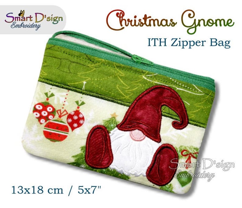 ITH Scandinavian Christmas Gnome Elf 5x7 inch 13x18 cm Zipper Bag In The Hoop Machine Embroidery Design image 1