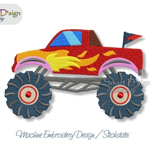 May include: Red monster truck embroidery design with yellow flames, a pink fender, and a blue and white windshield. The truck has large black tires with red centers and a black flag on the back.