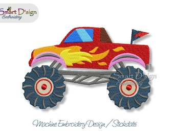 MONSTER TRUCK - FIRE - 10x10 cm Hoop 4x4 inch | Machine Embroidery Design | Boys Cars Smart D'sign Instant Download File