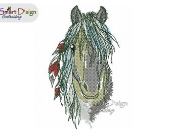 Machine Embroidery Design Native War Horse Pony Head Cross Stitch 5x7 inch Doodle Filled Stitch Smart D'sign Instant Download Digital File