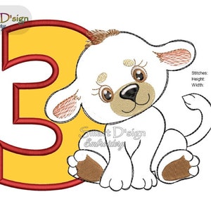 May include: Embroidered design of a white puppy sitting in front of a yellow number three. The puppy has brown ears, a brown nose, and brown paws. The number three is outlined in red.