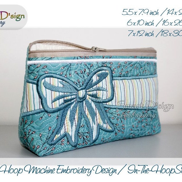 ITH Machine Embroidery Design CELEBRATION BOW Cosmetic Bag with Zipper and Pockets 3 Sizes In The Hoop Smart D'sign Digital Download