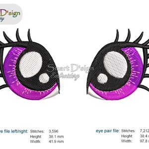 May include: Embroidered design of a pair of cartoon eyes with black eyelashes, purple eyelids, and white pupils. The eyes are 3.8 inches tall and 4.2 inches wide.
