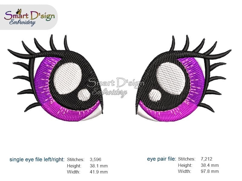 May include: Embroidered design of a pair of cartoon eyes with black eyelashes, purple eyelids, and white pupils. The eyes are 3.8 inches tall and 4.2 inches wide.