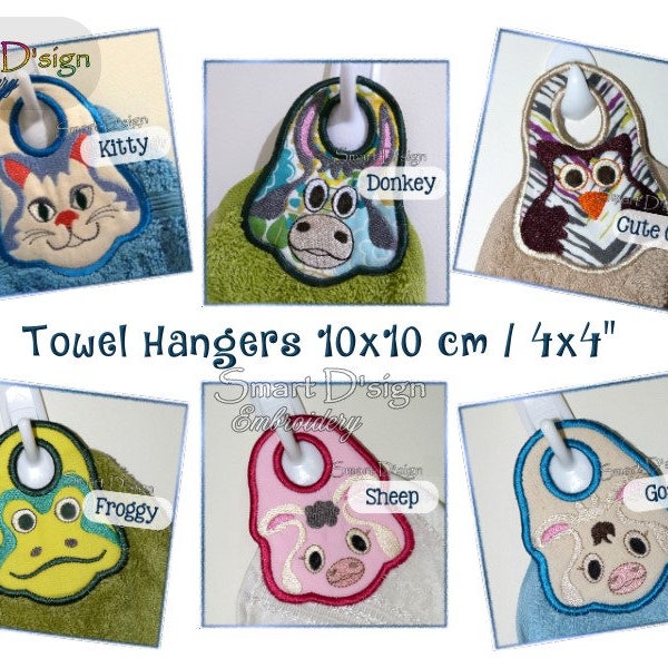 ITH Machine Embroidery Design 6x Towel Topper Designs Digital File 10x10cm / 4x4 inch Hanger In The Hoop Smart D'sign Cat Owl Frog Sheep