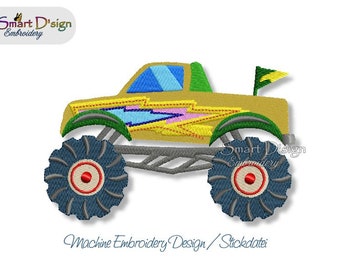 MONSTER TRUCK - THUNDER - 10x10 cm Hoop 4x4 inch | Machine Embroidery Design | Boys Cars Smart D'sign Instant Download File