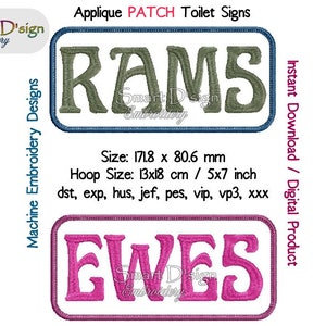 Könnte beinhalten: Zwei Applikations-Patches für Toiletten Schilder. Der obere Patch ist blau mit weißen Nähten und sagt "RAMS" in grün. Der untere Patch ist pink mit weißen Nähten und sagt "EWES" in pink. Die Patches sind 171,8 mm x 80,6 mm groß und passen in einen 13x18 cm großen Rahmen.