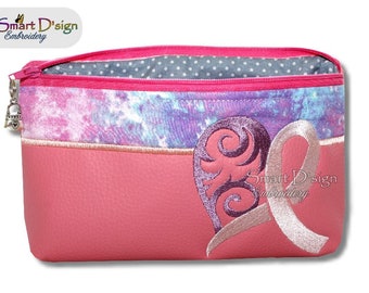 ITH 6x10 inch Quilt Zipper Bag, Cancer Ribbon 16x26 cm Cosmetic Pouch, Digitital Download In the Hoop Machine Embroidery Design Smart Dsign