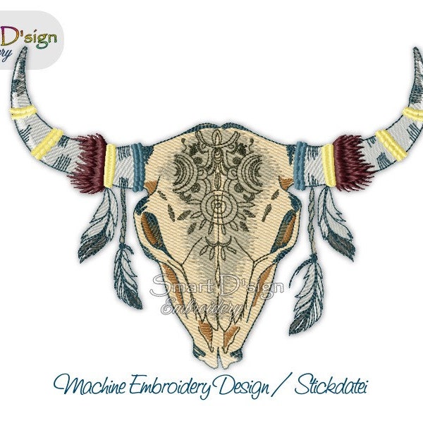 Boho Bohemian TRIBAL SKULL 01 7x12 inch 18x30 cm Hoop Machine Embroidery Design Smart D'sign Ethic Native American Indian Western Country