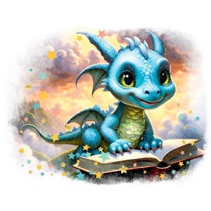 Uroczy czytający BABY DRAGON Kindergarten Digital Art | Pliki PNG o wysokiej rozdzielczości | Bezpośrednie pobieranie | Element cyfrowy