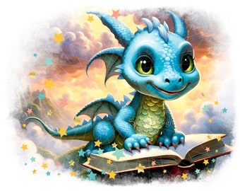 Adorable Reading BABY DRAGON Kindergarten Digital Art | High Resolution PNG Files | Direct Download | Digital Item