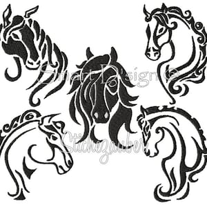 Diseño de bordado a máquina de caballos 5 hermosos caballos Archivo digital tatuaje 10 x 10 cm 4 x 4 pulgadas Silueta Gitana Lipizzana Pecherón Diseño inteligente