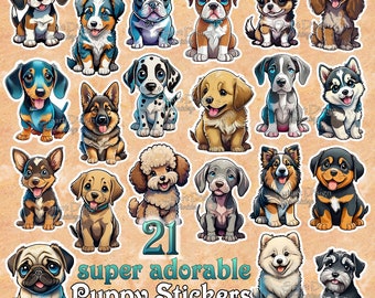 Sticker Sheet 21 Adorable Dog Breed Puppy Stickers for Print & Cut | High Resolution PNG Files | Digital Download | Transparent Background