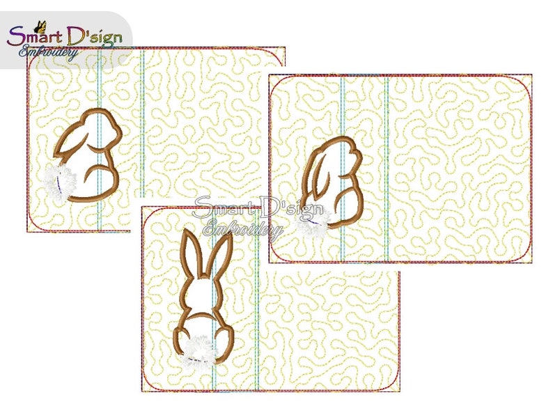 3x Easter Bunny Silhouette Appliques on Stipple Stitch MugRugs Set 5x7 inch ITH In The Hoop Machine Embroidery Design Smart D'sign Download image 2