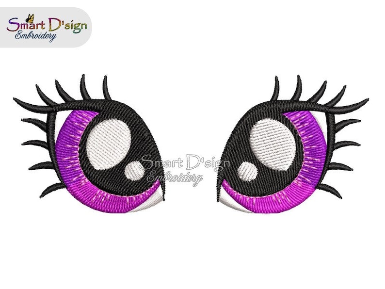 May include: Two cartoon eyes with black eyelashes, purple eyelids, and white pupils. The eyes are embroidered.