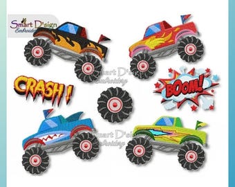 Set of 7 MONSTER TRUCKS Motifs Series Machine Embroidery Design Set | Smart D'sign Instant Download File 10x10 cm 4x4 inch hoop