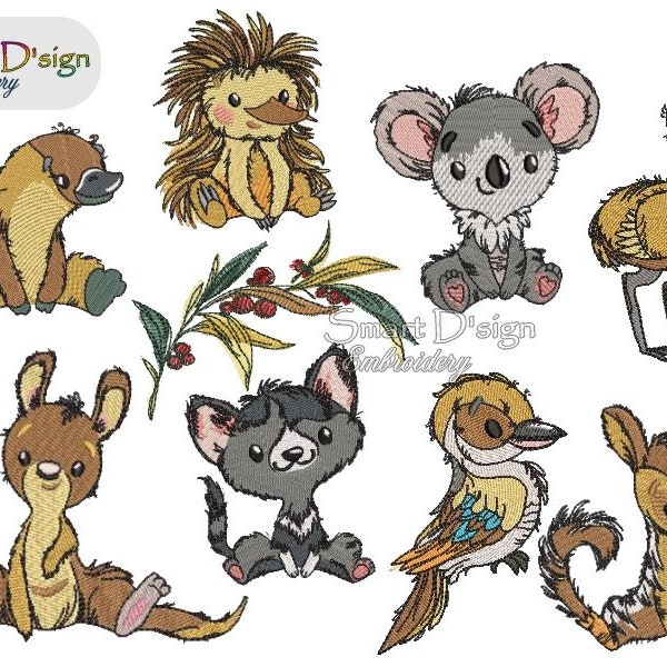 Australian Baby Animals Vol 1 Machine Embroidery Design 4.75x4.75 inch 12x12 cm 9 files filled stitch Koala Kookaburra Kangaroo Smart D'sign