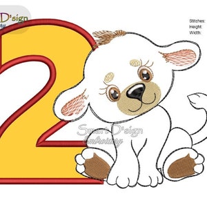 May include: Embroidered design of a yellow number two with a white puppy sitting beside it. The puppy has brown ears, brown eyes, and brown paws. The design is 125.7 mm high and 171.9 mm wide.