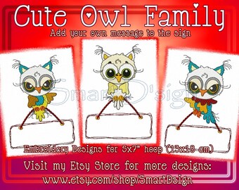 Cute Owl Family with signs | 3 Embroidery Designs 5x7 inch 13x18 cm hoop Machine Embroidery Design Set, digital download