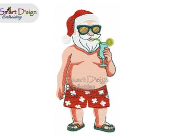 SUMMER SANTA CLAUS with Cocktail | Christmas Xmas Beach | Filled Stitch 5x7 inch | Machine Embroidery Design Download | Smart D'sign