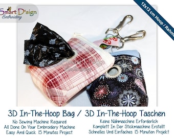 EXCLUSIVE 3D Flat Bottomed ITH Zipper Bag | 3D Spacious ITH Bag Machine Embroidery Design 12x12 cm Dog Bag w Zipper, no sewing, Smart D'sign