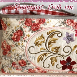 Bolsa de maquillaje ROMANCE con cremallera y forro / Tamaño del bastidor 5 x 7 pulgadas = 13 x 18 cm SOLAMENTE / Diseño de bordado a máquina con bastidor Smart D'sign