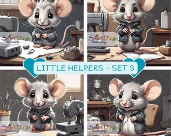 Adorable Mouse Digital Art - LITTLE HELPERS - Set 3 - In The Sewing Room | High Resolution PNG Files | Direct Download | Digital Item