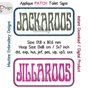 Peut inclure: Deux patchs brodés pour des panneaux de toilettes. Le patch du haut est bleu avec du texte blanc qui dit "JACKAROOS" en police verte. Le patch du bas est rose avec du texte blanc qui dit "JILLAROOS" en police rose. Les deux patchs mesurent 17,18 cm sur 8,06 cm.