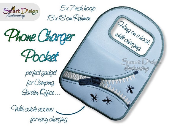 ITH Machine Embroidery Design Smartphone Charger Pocket 5x7 Inch.