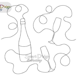 May include: Line art illustration of a champagne bottle and two glasses. The illustration is in black and white and has a whimsical, abstract style.