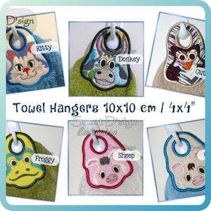 ITH Machine Embroidery Design 6x Towel Topper Designs Digital File 10x10cm / 4x4 inch Hanger In The Hoop Smart D'sign Cat Owl Frog Sheep