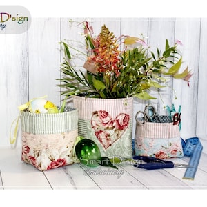 Cestino patchwork vintage con organizer ITH da 6 x 10 pollici / Motivo applicato a cuore e vuoto / Design per ricamo a macchina nel telaio Smart D'sign
