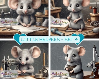 Adorable Mouse Digital Art - LITTLE HELPERS - Set 4 - In The Sewing Room | High Resolution PNG Files | Direct Download | Digital Item