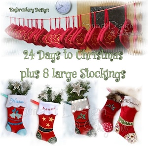 May include: A set of 24 red Christmas stocking ornaments with gold numbers and a set of 3 larger red Christmas stockings with embroidered names, "Niklas", "Laura", and "Manuel". The text "24 Days to Christmas plus 8 large Stockings" is displayed above the stockings.