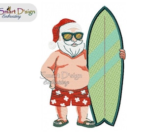 SUMMER SANTA CLAUS with Surfboard | Christmas Xmas Beach | Filled Stitch 5x7 inch | Machine Embroidery Design Download | Smart D'sign
