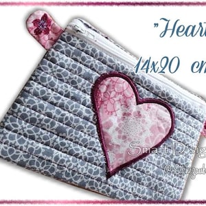 Bolsa de maquillaje CORAZÓN con cremallera y forro 14 x 20 cm ITH In The Hoop Diseño de bordado a máquina Smart D'sign