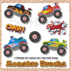 10x10 cm 4x4 inch hoop Machine Embroidery Design Set MONSTER TRUCKS 7 Motifs Set Boys Cars Smart D'sign Instant Download File image 2