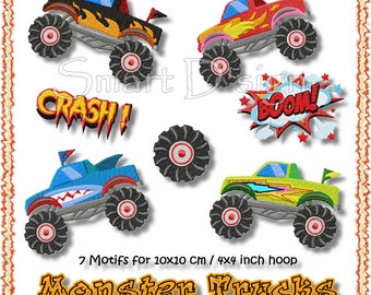 Machine Embroidery Design Set MONSTER TRUCKS 7 Motifs Set 10x10 cm Hoop 4x4 inch Boys Cars Smart D'sign Filled Stitch Instant Download File