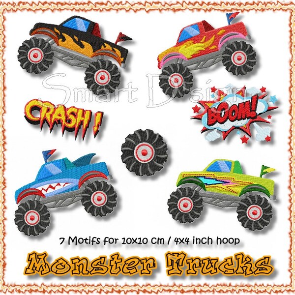 Machine Embroidery Design Set MONSTER TRUCKS 7 Motifs Set 10x10 cm Hoop 4x4 inch Boys Cars Smart D'sign Filled Stitch Instant Download File